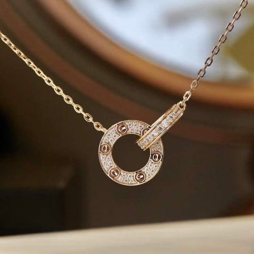 [Vellora Opalyn]LOVE 7.6MM NECKLACE ROSE GOLD AND SILVER  FULL DIAMOND
