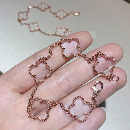 [Vellora Opalyn]CLOVER 5 MOTIF ROCK CRYSTAL PINK GOLD BRACELET