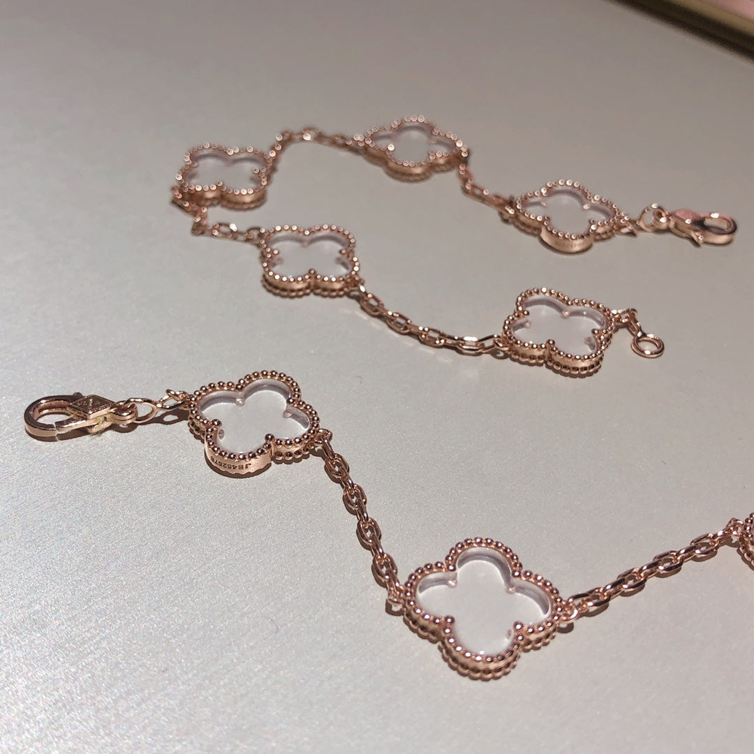 [Vellora Opalyn]CLOVER 5 MOTIF ROCK CRYSTAL PINK GOLD BRACELET