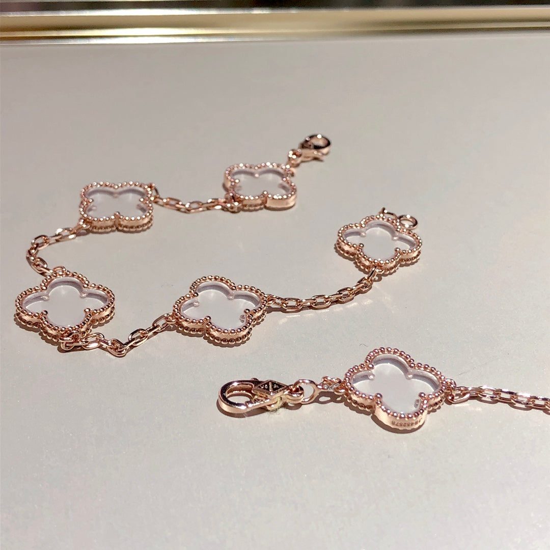 [Vellora Opalyn]CLOVER 5 MOTIF ROCK CRYSTAL PINK GOLD BRACELET