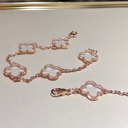 [Vellora Opalyn]CLOVER 5 MOTIF ROCK CRYSTAL PINK GOLD BRACELET