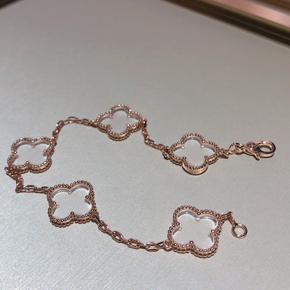 [Vellora Opalyn]CLOVER 5 MOTIF ROCK CRYSTAL PINK GOLD BRACELET