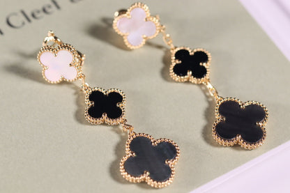 [Vellora Opalyn]CLOVER EARRINGS GOLD ONYX MOP 3 MOTIF