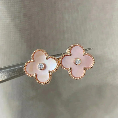 [Vellora Opalyn]CLOVER MEDIUM 1 MOTIFS  PINK MOP DIAMOND EARRINGS