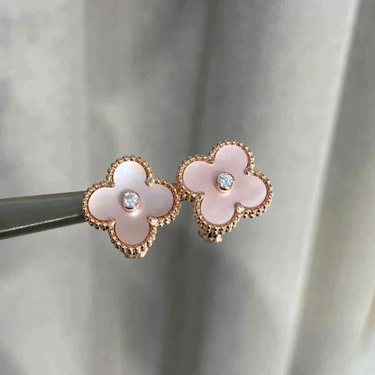 [Vellora Opalyn]CLOVER MEDIUM 1 MOTIFS  PINK MOP DIAMOND EARRINGS
