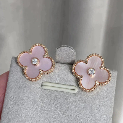 [Vellora Opalyn]CLOVER MEDIUM 1 MOTIFS  PINK MOP DIAMOND EARRINGS
