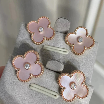 [Vellora Opalyn]CLOVER MEDIUM 1 MOTIFS  PINK MOP DIAMOND EARRINGS