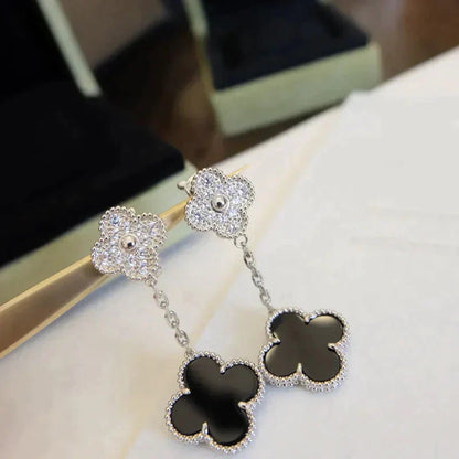 [Vellora Opalyn]CLOVER 2 MOTIFS  DIAMOND ONYX EARRINGS SILVER