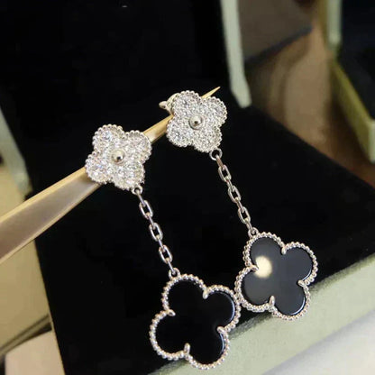 [Vellora Opalyn]CLOVER 2 MOTIFS  DIAMOND ONYX EARRINGS SILVER