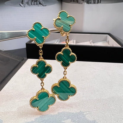 [Vellora Opalyn]CLOVER MALACHITE 3 MOTIFS GOLD