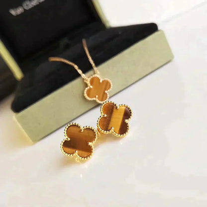 [Vellora Opalyn]CLOVER MEDIUM 1 MOTIFS TIGER EYE EARRINGS
