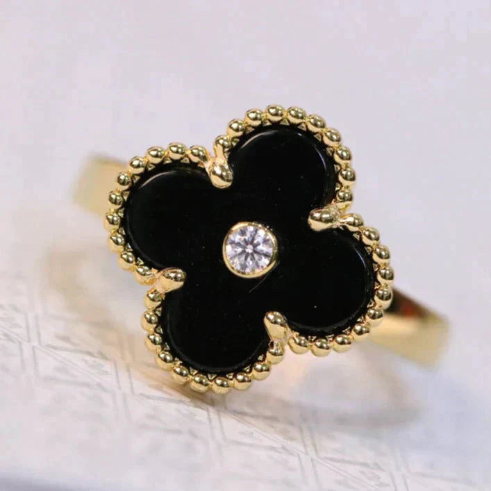 [Vellora Opalyn]CLOVER ONYX RING GOLD DIAMOND