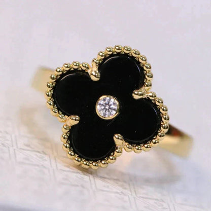 [Vellora Opalyn]CLOVER ONYX RING GOLD DIAMOND