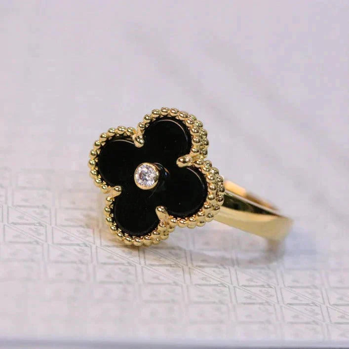 [Vellora Opalyn]CLOVER ONYX RING GOLD DIAMOND