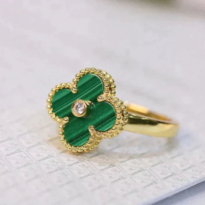 [Vellora Opalyn]CLOVER MALACHITE RING GOLD DIAMOND