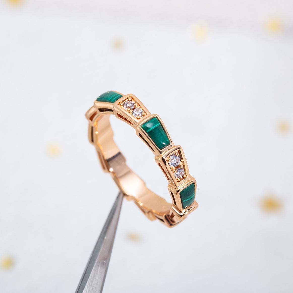 [Vellora Opalyn]SERPENTI RING PINK GOLD MALACHITE DIAMOND 3MM