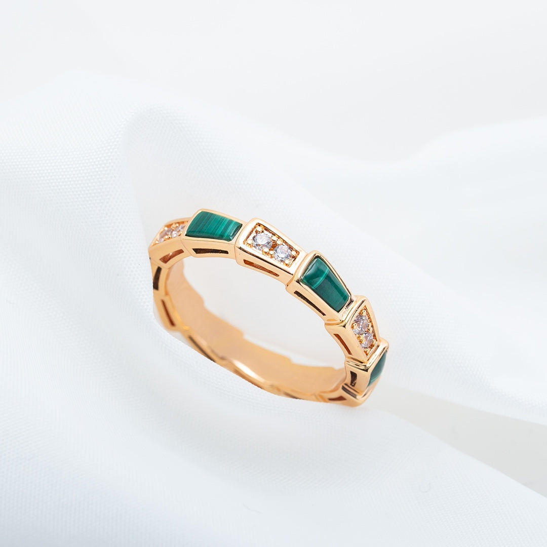 [Vellora Opalyn]SERPENTI RING PINK GOLD MALACHITE DIAMOND 3MM