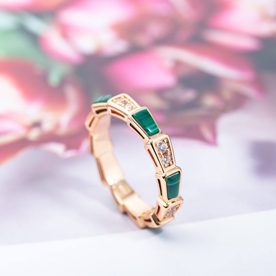 [Vellora Opalyn]SERPENTI RING PINK GOLD MALACHITE DIAMOND 3MM