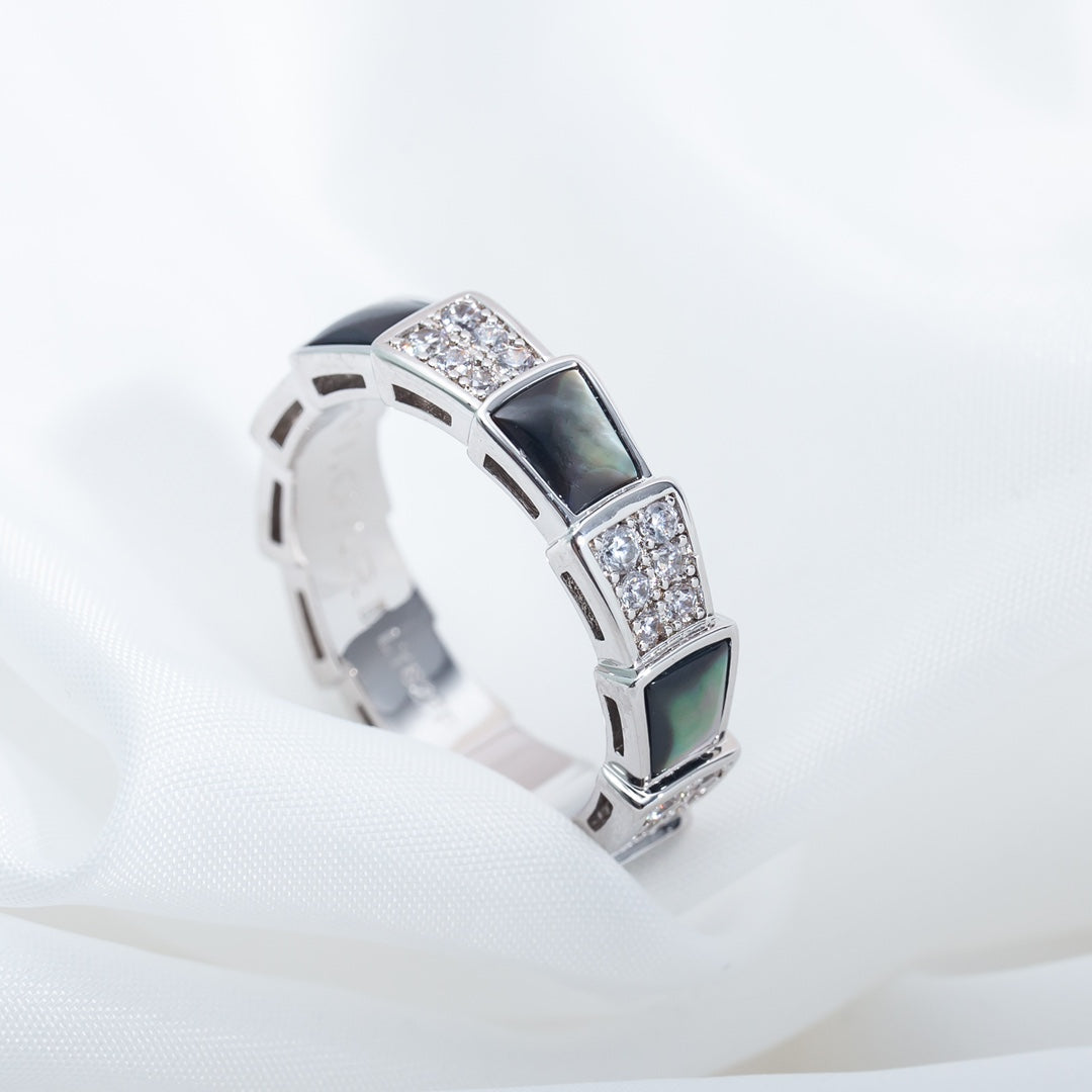 [Vellora Opalyn]SERPENTI RING SILVER DIAMOND BLACK MOP 4MM