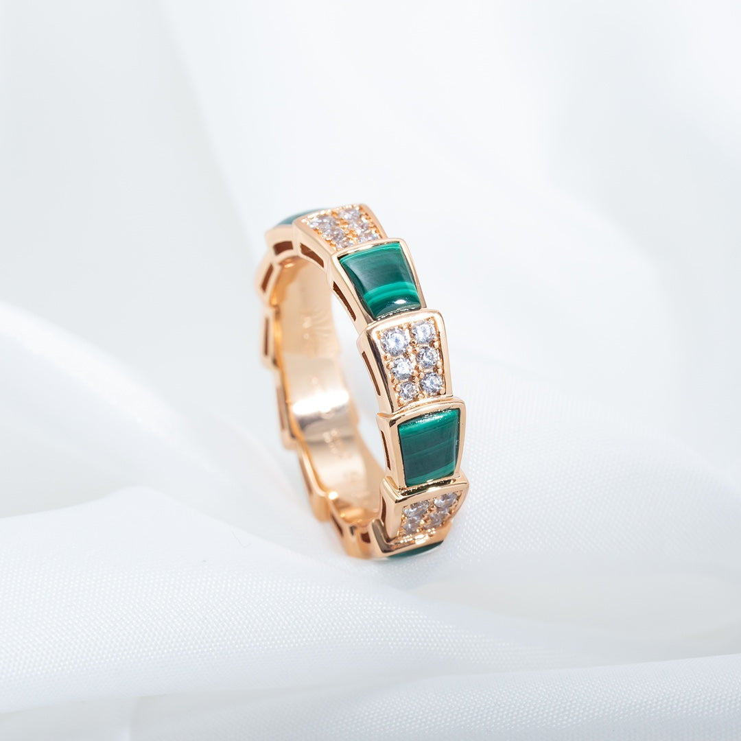[Vellora Opalyn]SERPENTI RING PINK GOLD MALACHITE DIAMOND PAVED 4MM