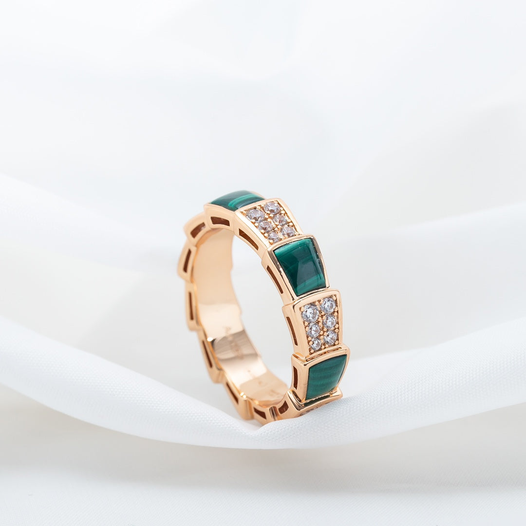 [Vellora Opalyn]SERPENTI RING PINK GOLD MALACHITE DIAMOND PAVED 4MM