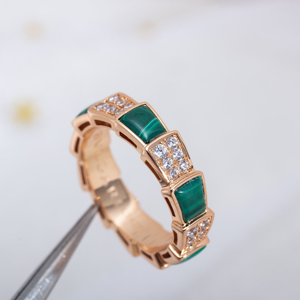 [Vellora Opalyn]SERPENTI RING PINK GOLD MALACHITE DIAMOND PAVED 4MM