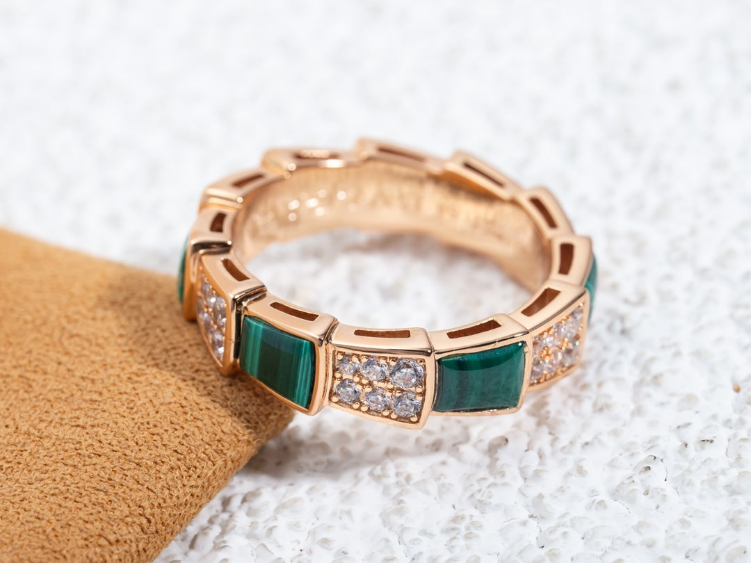 [Vellora Opalyn]SERPENTI RING PINK GOLD MALACHITE DIAMOND PAVED 4MM