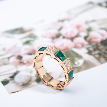 [Vellora Opalyn]SERPENTI RING PINK GOLD MALACHITE DIAMOND PAVED 4MM