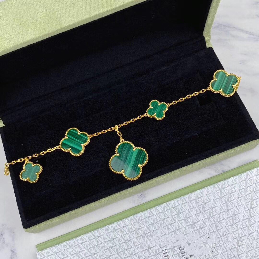 [Vellora Opalyn]MAGIC CLOVER MALACHITE GOLD BRACELET 5 MOTIFS
