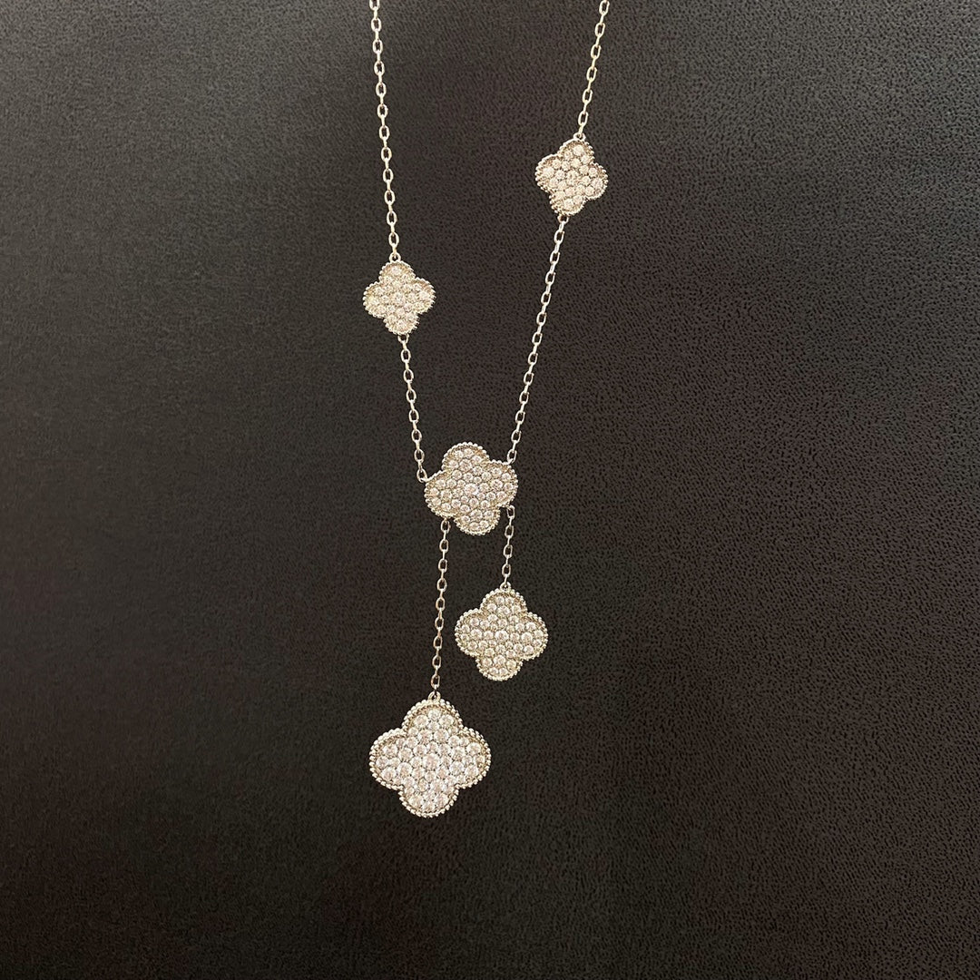 [Vellora Opalyn]CLOVER 5 MOTIFS SILVER DIAMONDS NECKLACE