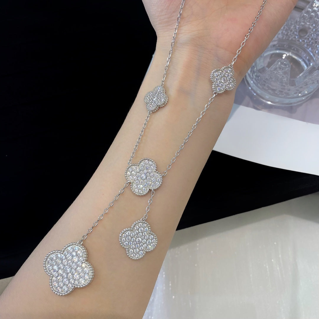 [Vellora Opalyn]CLOVER 5 MOTIFS SILVER DIAMONDS NECKLACE