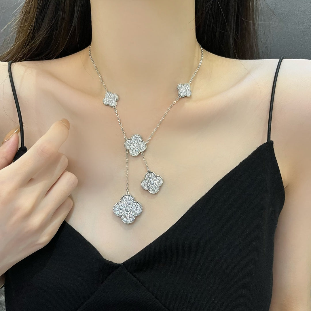 [Vellora Opalyn]CLOVER 5 MOTIFS SILVER DIAMONDS NECKLACE