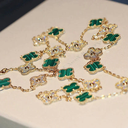 [Vellora Opalyn]CLOVER 20 MOTIFS MALACHITE DIAMOND NECKLACE