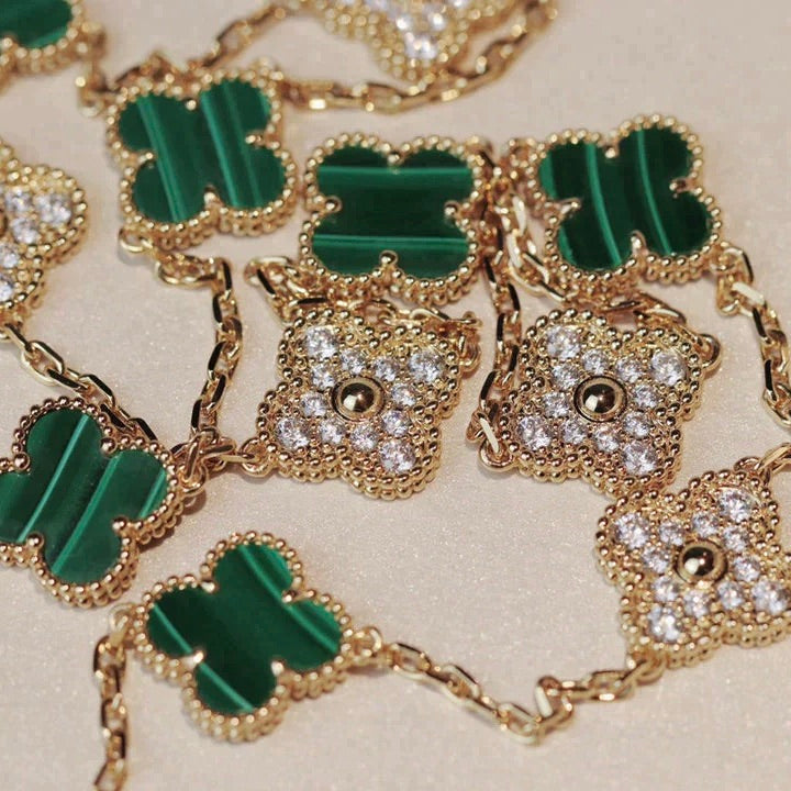 [Vellora Opalyn]CLOVER 20 MOTIFS MALACHITE DIAMOND NECKLACE