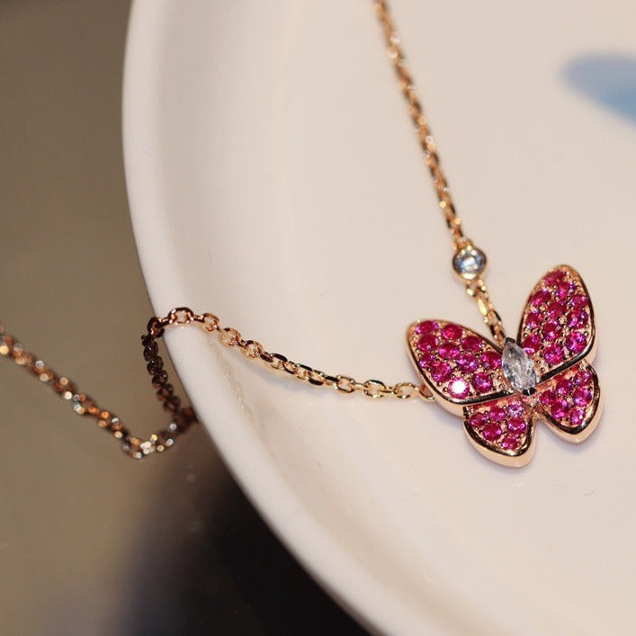 [Vellora Opalyn]BUTTERFLY RED DIAMOND ROSE GOLD NECKLACE