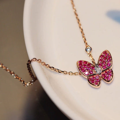 [Vellora Opalyn]BUTTERFLY RED DIAMOND ROSE GOLD NECKLACE