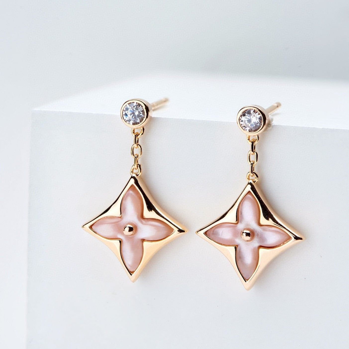 [Vellora Opalyn]DOUBLE STAR PINK GOLD MOP DROP EARRINGS