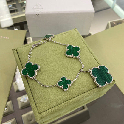 [Vellora Opalyn]CLOVER 5 MOTIFS SIVLER MALACHITE BRACELET