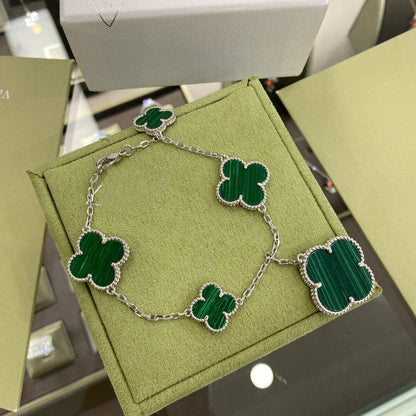 [Vellora Opalyn]CLOVER 5 MOTIFS SIVLER MALACHITE BRACELET