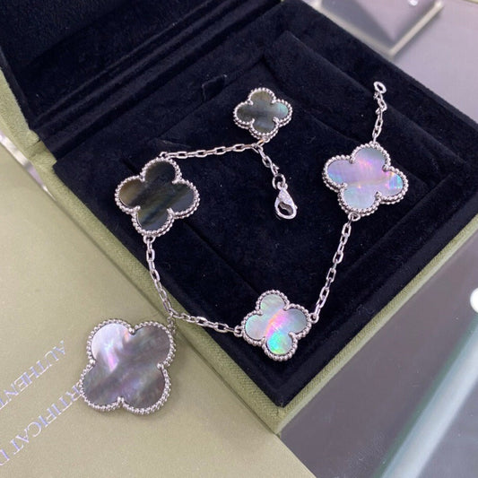 [Vellora Opalyn]CLOVER 5 MOTIFS SIVLER DARK MOP BRACELET