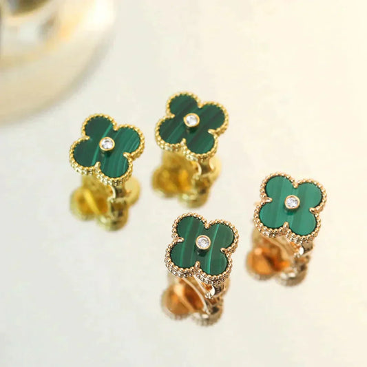 [Vellora Opalyn]CLOVER MEDIUM 1 MOTIFS MALACHITE DIAMOND EARRINGS