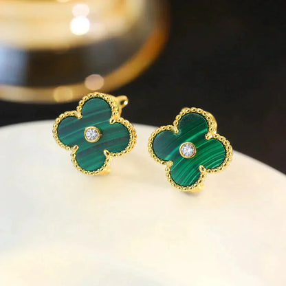 [Vellora Opalyn]CLOVER MEDIUM 1 MOTIFS MALACHITE DIAMOND EARRINGS