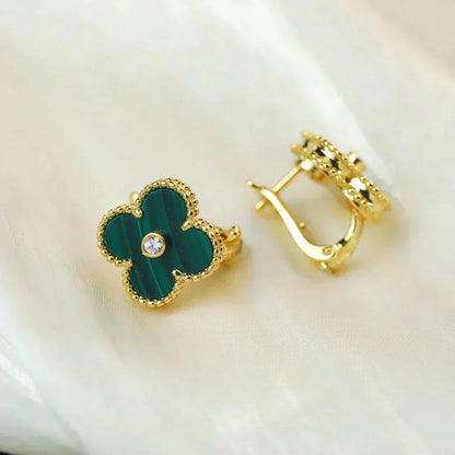[Vellora Opalyn]CLOVER MEDIUM 1 MOTIFS MALACHITE DIAMOND EARRINGS