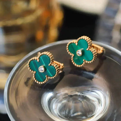 [Vellora Opalyn]CLOVER MEDIUM 1 MOTIFS MALACHITE DIAMOND EARRINGS