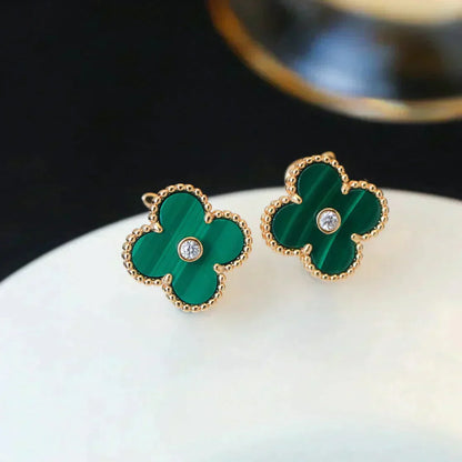 [Vellora Opalyn]CLOVER MEDIUM 1 MOTIFS MALACHITE DIAMOND EARRINGS
