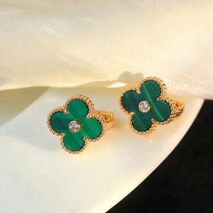 [Vellora Opalyn]CLOVER MEDIUM 1 MOTIFS MALACHITE DIAMOND EARRINGS