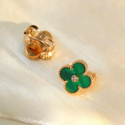 [Vellora Opalyn]CLOVER MEDIUM 1 MOTIFS MALACHITE DIAMOND EARRINGS