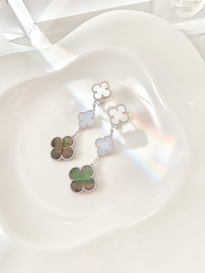 [Vellora Opalyn]CLOVER 3 MOTIFS CHALCEDONY DARK MOP SILVER EARRINGS