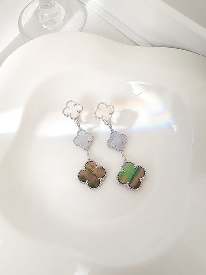 [Vellora Opalyn]CLOVER 3 MOTIFS CHALCEDONY DARK MOP SILVER EARRINGS