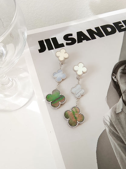 [Vellora Opalyn]CLOVER 3 MOTIFS CHALCEDONY DARK MOP SILVER EARRINGS